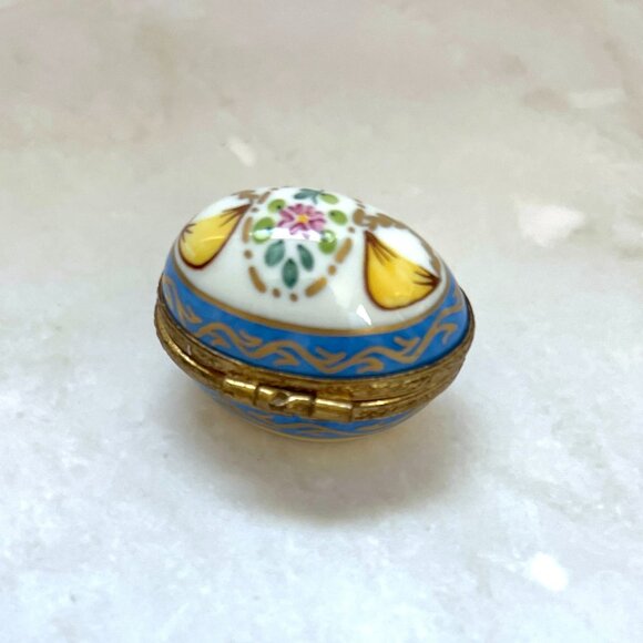 Peint Main Limoges Egg Trinket Box: Blue Gold Wave, Bow Clasp - Picture 1 of 6